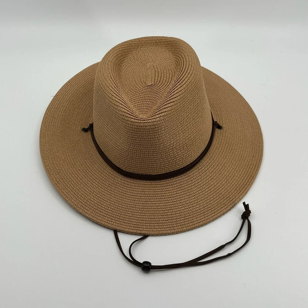 Summer Straw Sun Hat Womens Wide Brim Panama Fedora Beach Wind Lanyard UPF50+ - Picture 4 of 12
